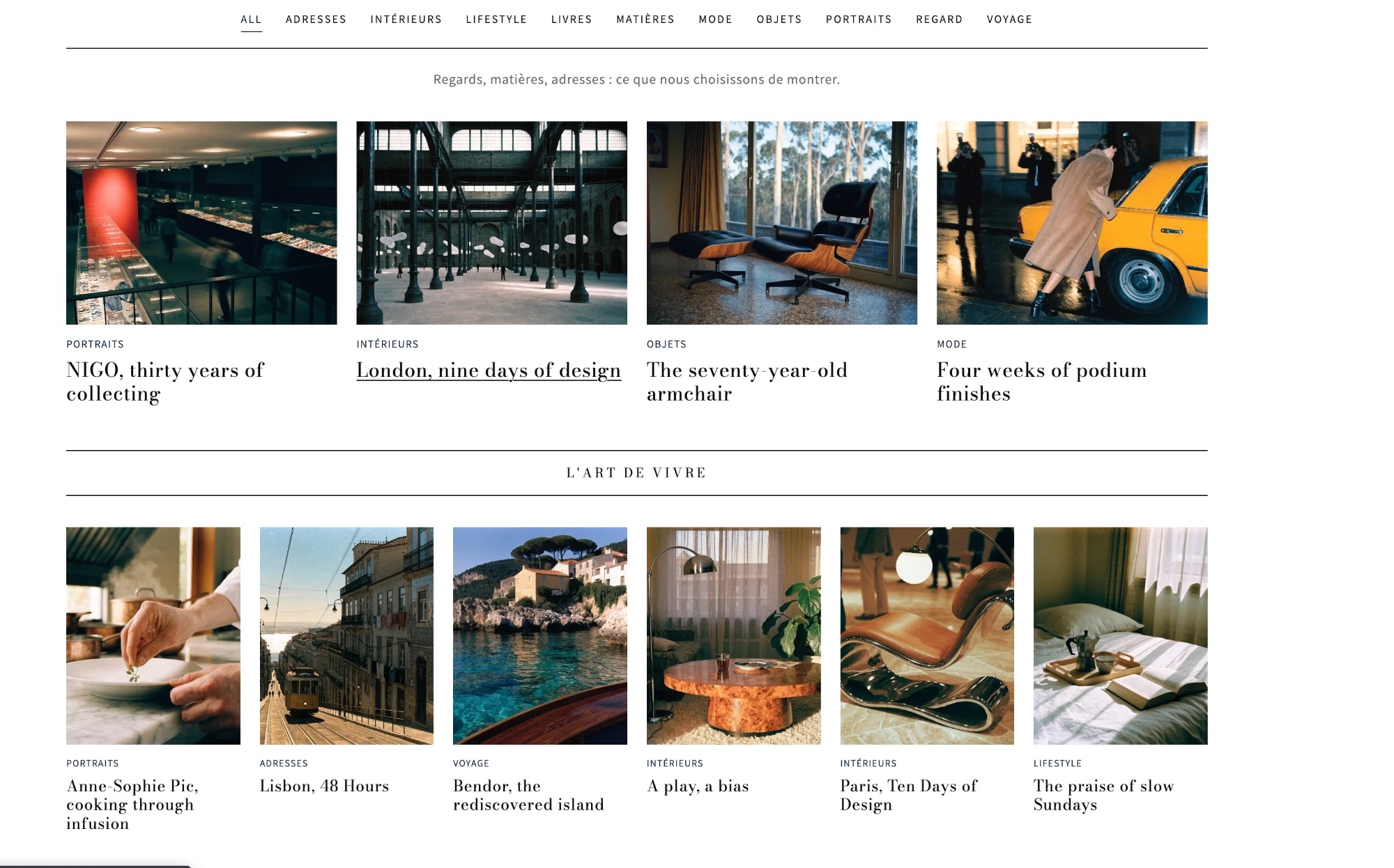 The Magazine: rubric filters and story cards, with the art de vivre row